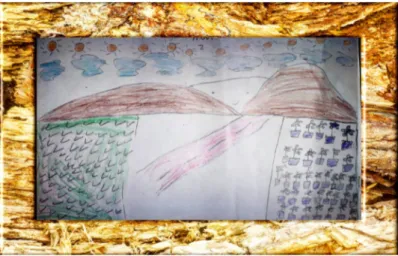 Gambar karya siti usia 9 tahun  menggambarkan tentang suasana di danau  yang penuh dengan bebatuan