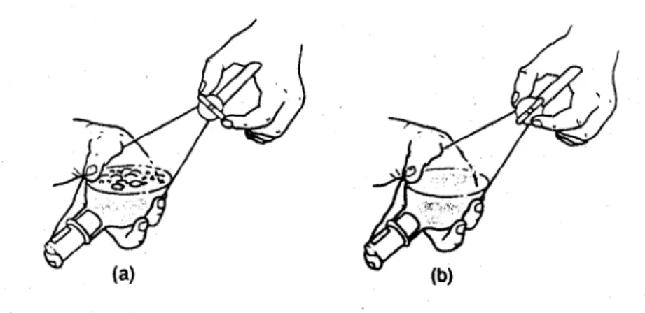 Gambar  4.3.  (a)  Cara  memegang  corong  pisah  selama  pengocokan;  (b)  Cara  memegang coro