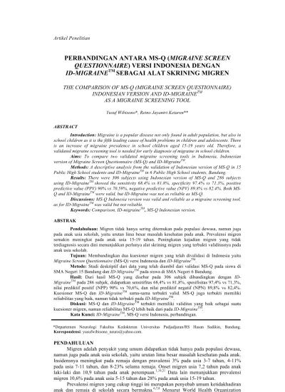 PERBANDINGAN ANTARA MS-Q (MIGRAINE SCREEN QUESTIONNAIRE) VERSI ...