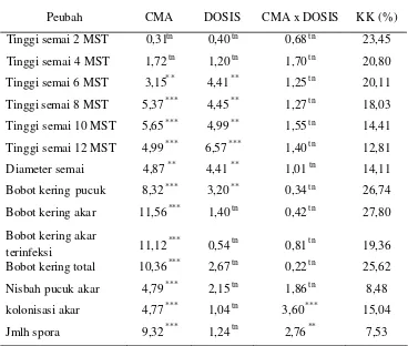Tabel 5. Rekapitulasi hasil analisis sidik ragam terhadap peubah pertumbuhan, kolonisasi akar dan jumlah spora semai jati Muna 