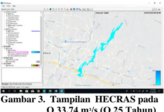 Gambar 3. Tampilan HECRAS pada Q 6.6 mᵌ/s, menunjukkan bahwa air debit   tertahan di kolam retensi dan tidak terlihat pergerakan air banjir