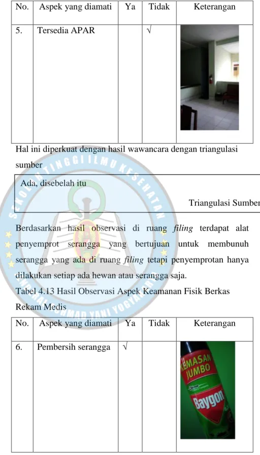 Tabel 4.13 Hasil Observasi Aspek Keamanan Fisik Berkas  Rekam Medis 