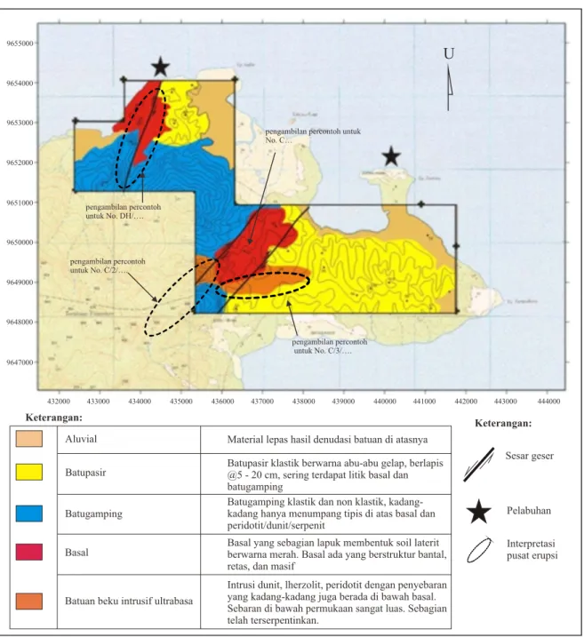 Gambar 7. Peta geologi daerah penelitian, hasil kompilasi dari data pengukuran sebaran litologi di lapangan  dan lokasi pengambilan percontoh di lapangan (permukaan dan bawah permukaan, No