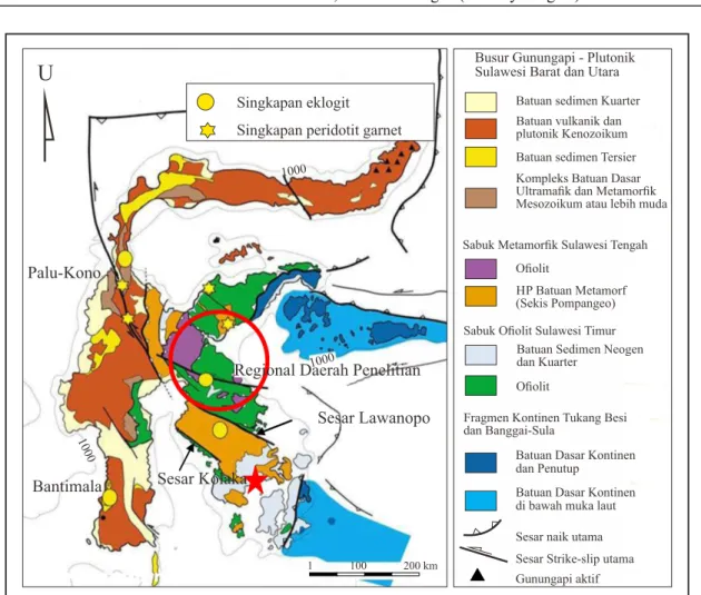 Gambar 2. Peta geologi regional Sulawesi menurut van Leeuwen dkk. (1994). Daerah penelitian terletak pada  sayap utara Mandala Timur, litologinya merupakan bagian dari sabuk metamorfik Sulawesi Tengah..
