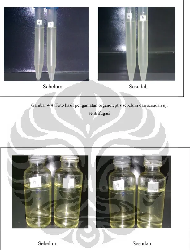 Gambar 4.4  Foto hasil pengamatan organoleptis sebelum dan sesudah uji  sentrifugasi 