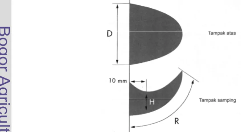 Gambar 5  Dimensi ukuran sarang walet: panjang dasar sarang (D), panjang                      lengkung mangkok sarang (R), dan tebal sarang (H) (Nguyen et                         al