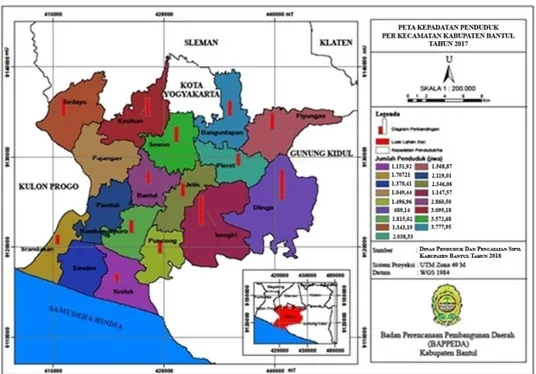 Gambar 2. Peta kepadatan penduduk geografis (Sumber: Bappeda  Kabupaten Bantul) 