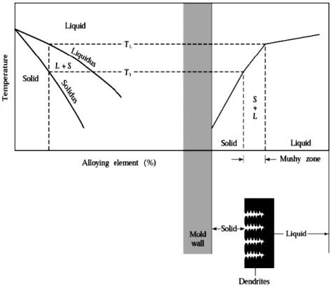 Gambar 2.5 Skematis pendinginan dan distribusi temperatur logam paduan  Sumber : Kalpakjian S, 1990 : 280 
