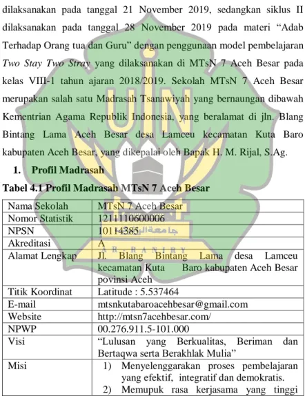 Tabel 4.1 Profil Madrasah MTsN 7 Aceh Besar  Nama Sekolah  MTsN 7 Aceh Besar  Nomor Statistik  1211110600006 