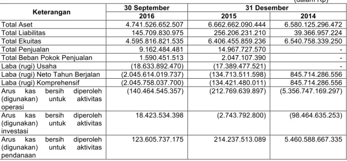 Tabel  berikut  ini  menyajikan  ikhtisar  data  keuangan  penting  HPI  berdasarkan  Laporan  Keuangan  Konsolidasian HPI untuk periode 9 (sembilan) bulan yang berakhir pada tanggal 30 September 2016 dan  untuk  tahun-tahun  yang  berakhir  pada  31  Dese