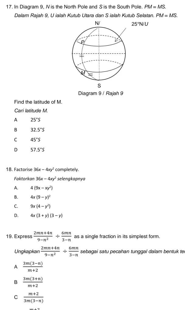 Diagram 9 / Rajah 9  Find the latitude of M. 
