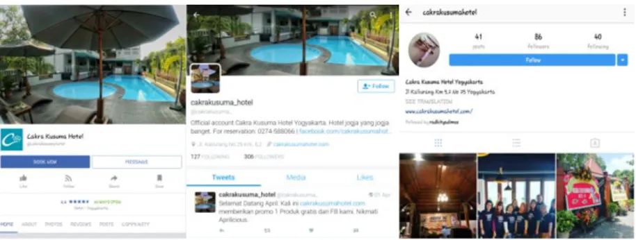 Gambar 3.2. Media sosial Facebook, Twitter dan Instagram resmi Cakra  Kusuma Hotel 