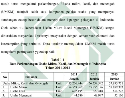 Tabel 1.1 Data Perkembangan Usaha Mikro, Kecil, dan Menengah di Indonesia 