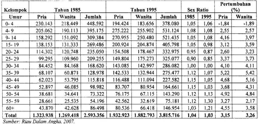 Tabel 4.6 Penduduk Riau Menurut Kelompok Umur, Jenis Kelamin dan Sex Ratio Tahun 1985,1995, 2005 dan 2006