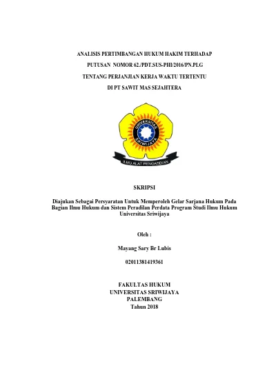 ANALISIS PERTIMBANGAN HUKUM HAKIM TERHADAP PUTUSAN NOMOR 62./PDT.SUS ...