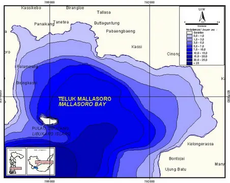 Gambar 3. Peta batimetri (kedalaman) di perairan Teluk Mallasoro Figure 3. Map of bathymetry (water depth) in Mallasoro Bay