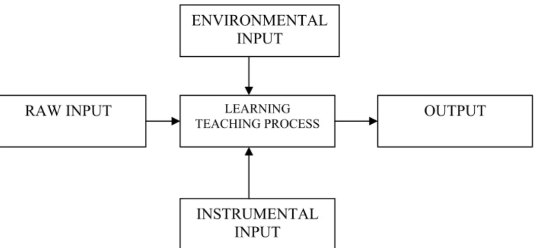 Gambar di atas menunjukkan bahwa masukan mentah (raw input)  merupakan bahan baku yang perlu diolah hal ini diberi pengalaman belajar  tertentu dalam proses belajar mengajar (learning teaching process)