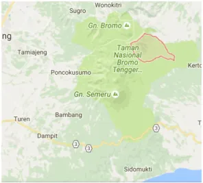 Gambar 2. Wilayah Administratif  Desa Argosari pada Posisi Taman  Nasional Bromo Tengger Semeru  (Sumber : Google Maps (diakses  pada tanggal 21 November 2016)    