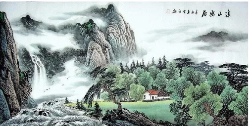 Gambar  dibawah  ini  menunjukkan  lukisan  pemandangan  Cina  Kuno  dengan  latar belakang pegunungan dengan air terjun