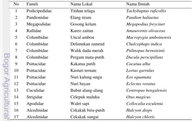 Tabel 1 Jenis-jenis burung yang dijumpai pada observasi 26 Juli - 12 Agustus 2009 di  Pulau Ternate  