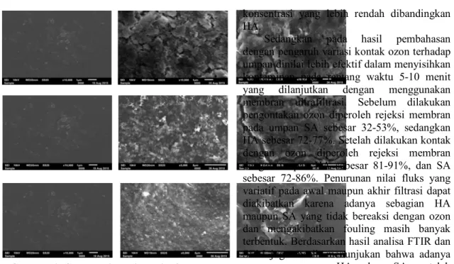 Gambar 10. Gambar 12. Hasil analisa SEM  pada (kanan-kiri) membran baru, membran  tanpa kombinasi ozon, membran dengan  kombinasi ozon dengan variasi umpan 