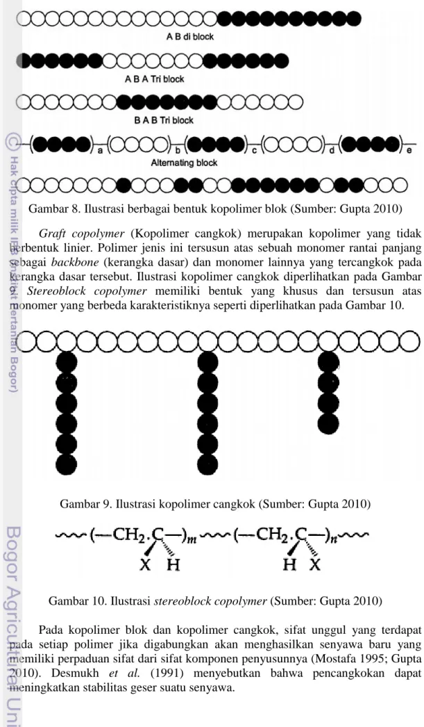 Gambar 8. Ilustrasi berbagai bentuk kopolimer blok (Sumber: Gupta 2010)  Graft  copolymer  (Kopolimer  cangkok)  merupakan  kopolimer  yang  tidak  berbentuk  linier