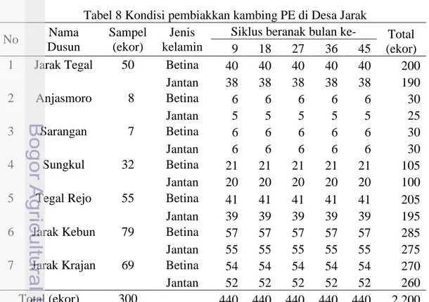 Tabel 8 Kondisi pembiakkan kambing PE di Desa Jarak 