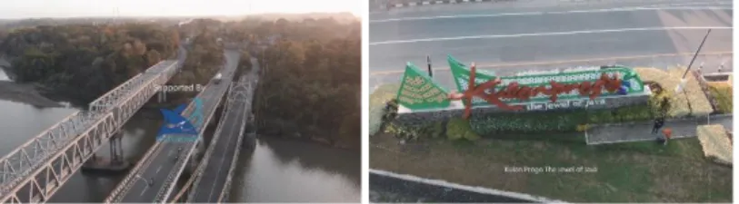 Gambar 18. (kiri) Scene 15, Jembatan Brantan dan (kanan) Scene 16, Tembok display   Kabupaten Kulon Progo “The Jewel of Java” 