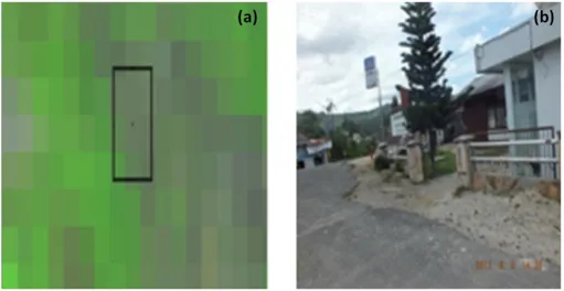 Gambar  6.Penampakan  visual  citra  Landsat  8  OLI  untuk  tipe  tutupan  lahan  pemukiman  pada  RGB  6-5-4  (a),  Kondisi  tipe  tutupan  lahan  pemukiman existing di lapangan (b) 