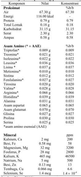 Tabel 1  Komposisi kimia daging buah pisang  raja (nilai per 100 g porsi makanan) 