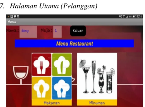 Gambar 5.7 Halaman Utama (Pelangan)  Pada halaman ini berisi pilihan menu makanan  untuk menampilkan daftar menu dari makanan dan  menu minuman untuk menampilkan daftar menu  dari minuman