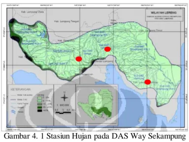 Gambar 4. 1 Stasiun Hujan pada DAS Way Sekampung  (Sumber: BPSDA Lampung Tengah, 2009)  Tabel 4