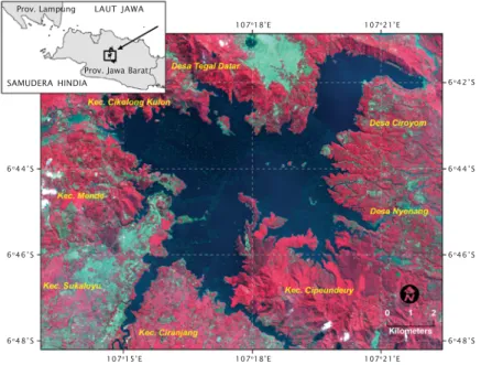 Gambar 1. Lokasi penelitian di Waduk Cirata, Jawa Barat ditampilkan dengan ALOS AVNIR-2 tanggal 27 Juni 2008, kombinasi kanal 431: merah, hijau dan biru Figure 1