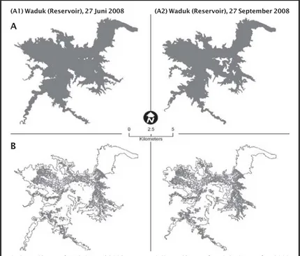 Gambar 4. Karakteristik Waduk Cirata, Jawa Barat pada waktu pemantauan yang berbeda: (A) tampilan geografis waduk dan (B) distribusi KJA Figure 4