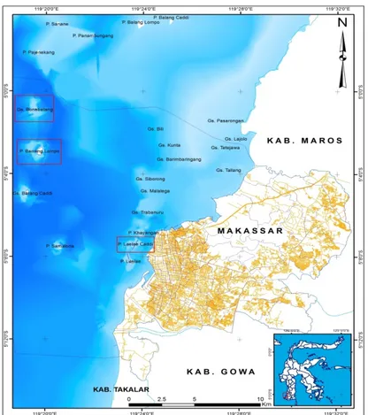 Gambar 1. Peta Lokasi Penelitian, memperlihatkan lokasi Pulau Bonebatang, Barranglompo dan Lae-lae Caddi