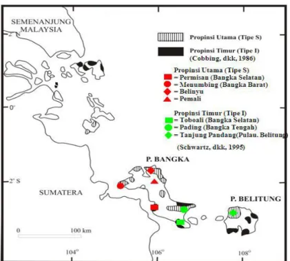 Gambar  2.7. Peta sebaran  tipe  provinsi  granitoid  dan lokasi  tipe  granit  di  Pulau  Bangka  [16]