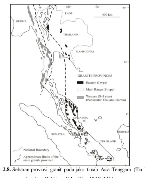 Gambar  2.8. Sebaran provinsi  granit  pada jalur  timah  Asia  Tenggara  (Tin  Island)  (sumber  Cobbing,  E.J., dkk., 1986) [16]