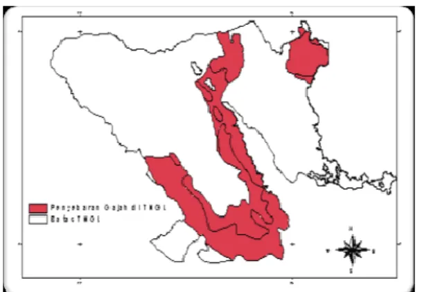 Gambar 2.9 Peta penyebaran populasi gajah sumatra  Sumber: http://gunungleuser.or.id/biodiversitas/fauna/ 