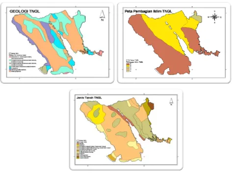 Gambar 2.3 Peta formasi geologi TNGL, peta pembagian iklim  TNGL, dan peta jenis tanah TNGL 
