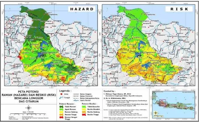 Gambar 5 Peta potensi rawan (hazard) dan resiko (risk) bencana longsor DASCitarum