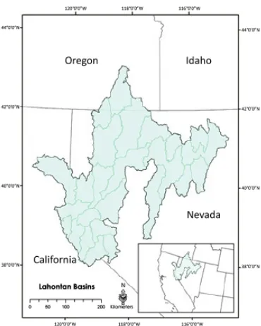 Gambar. 1. cekungan hidrografi ikan Lahontan, yang mana ikan Lahontan ikan pembunuhendemik, meliputi empat negara bagian di Amerika barat Amerika.