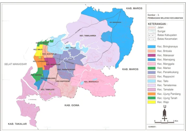 Gambar 2.7. Perbedaan warna dan garis pada peta menunjukkan batas wilayah kecamatan di Makassar  Sumber: 