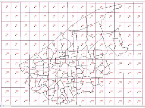 Gambar 2. Distribusi grid 1000 x 1000 meter dan titik tengah grid.  