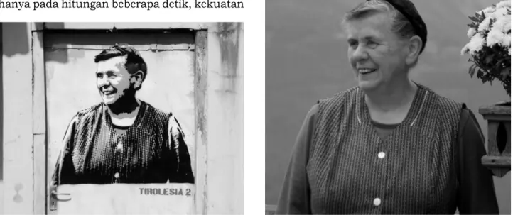 Gambar 9. Foto Potret Maria yang diambil secara diam-diam (kanan) sebagai bahan pembentuk visual karya stensil Digie Sigit pada  Seri Tirolesia (kiri)
