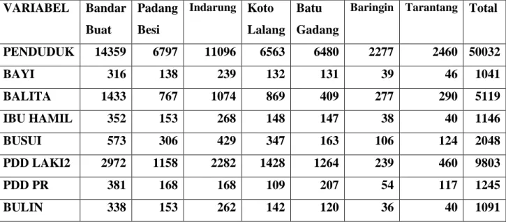 Tabel 3.2 Daftar Sasaran Kesehatan Puskesmas Lubuk Kilangan Tahun 2013  VARIABEL  Bandar  Buat  Padang Besi  Indarung   Koto  Lalang  Batu  Gadang 