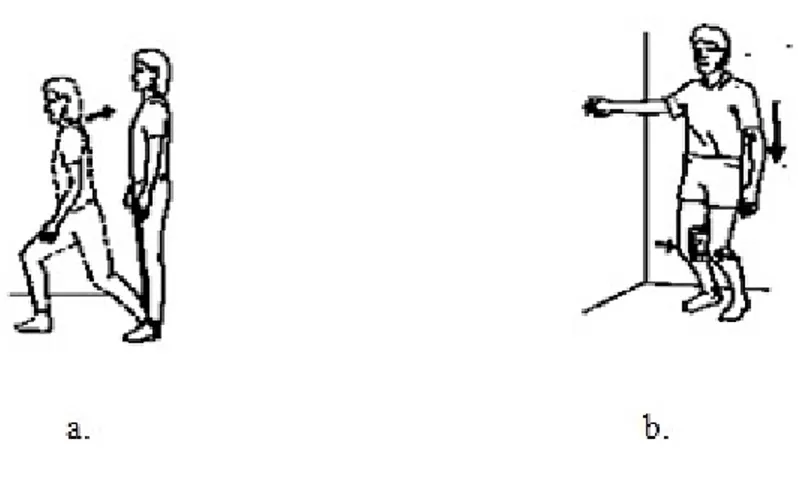 Gambar 2.10  Latihan closed chain, (a) quads, (b) wall sits  (Sumber; Sisto and Malanga, 2006) 