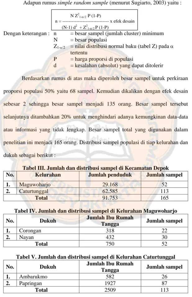 Tabel III. Jumlah dan distribusi sampel di Kecamatan Depok  No.  Kelurahan  Jumlah penduduk  Jumlah sampel 