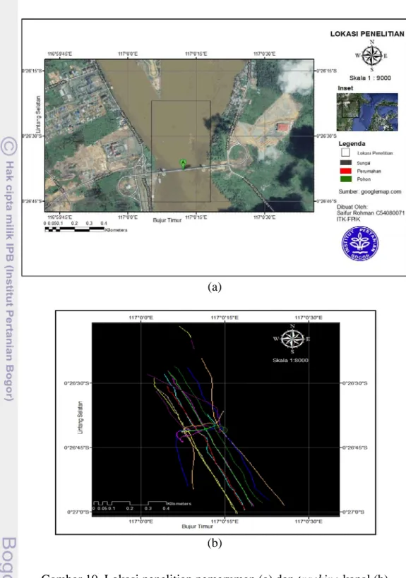 Gambar 19. Lokasi penelitian pemeruman (a) dan tracking kapal (b) 