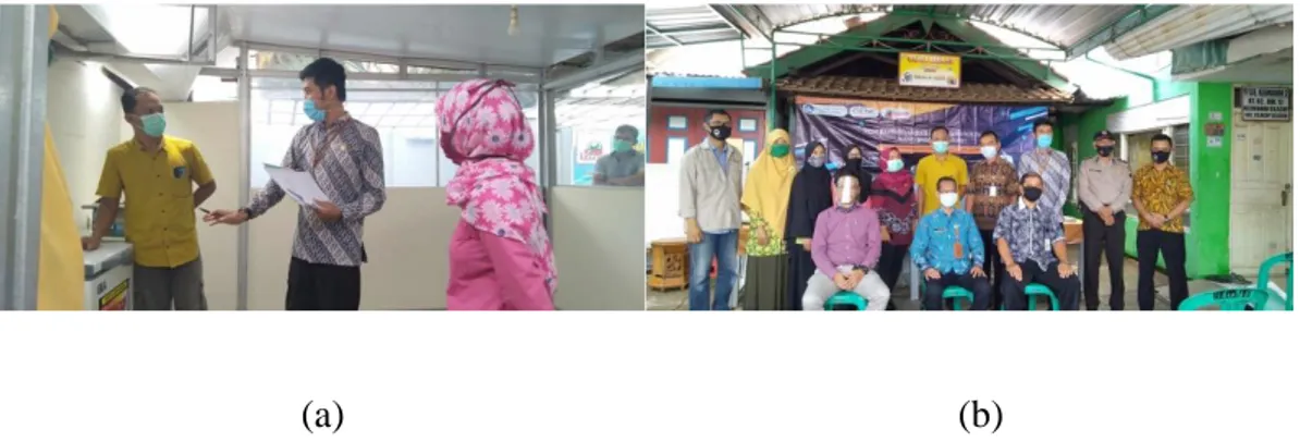 Gambar 4. (a) Inspeksi sarana produksi dan (b) foto bersama setelah penyampaian materi oleh  BPOM Kabupaten Banyumas  