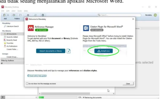 Gambar 9 Jendela Welcome to Mendeley dan tombol install Citation Plugin for Microsoft Word 